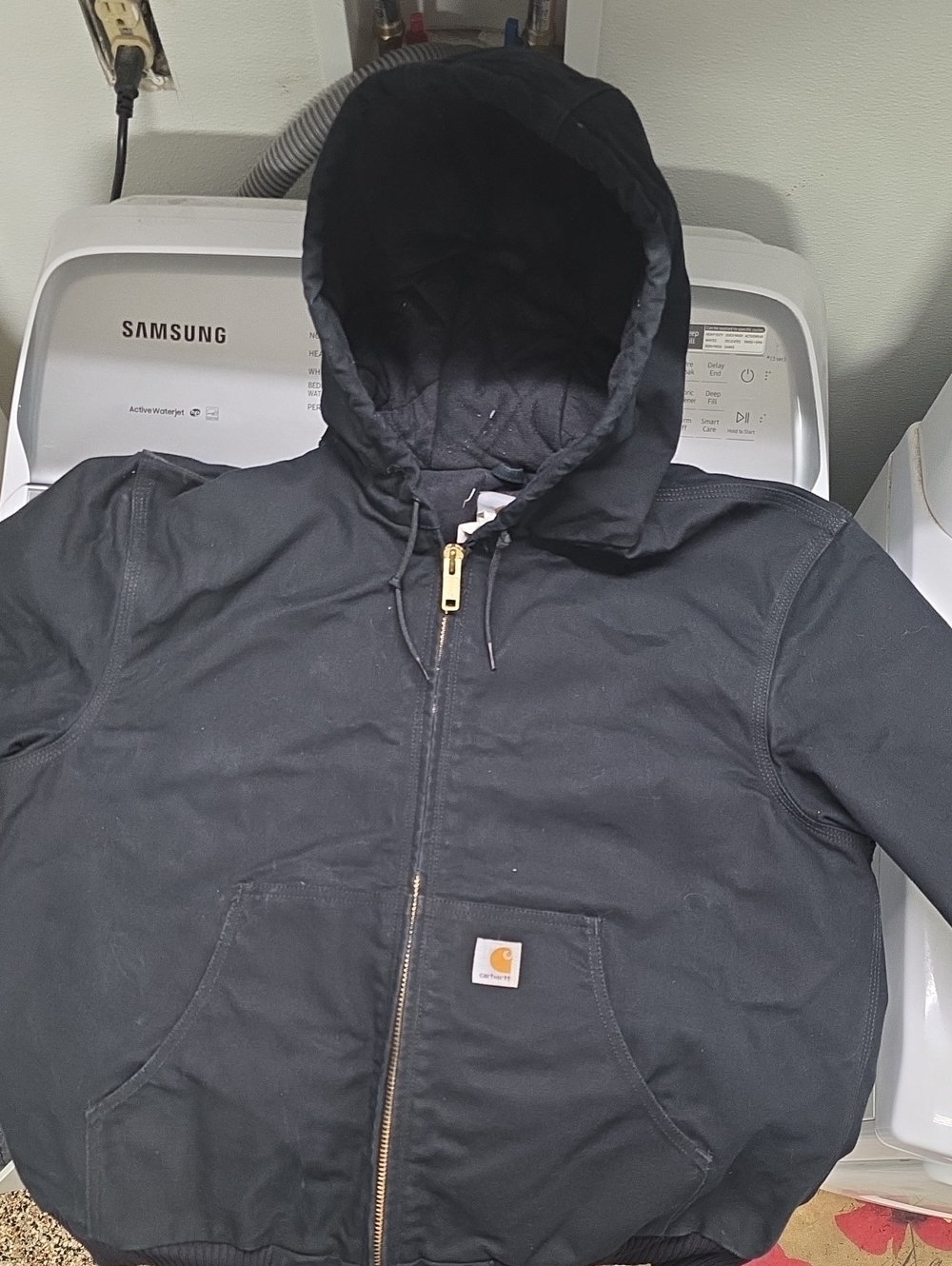Carhartt Black Hooded Work Jacket with Gold Zipper